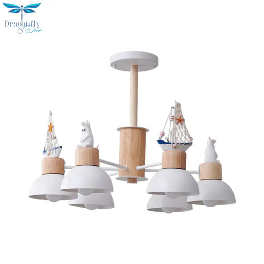 Dome Metallic Chandelier Lighting Cartoon 6 Bulbs Black/White Hanging Ceiling Light With Bear And