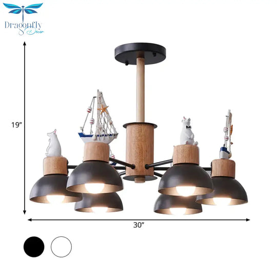 Dome Metallic Chandelier Lighting Cartoon 6 Bulbs Black/White Hanging Ceiling Light With Bear And