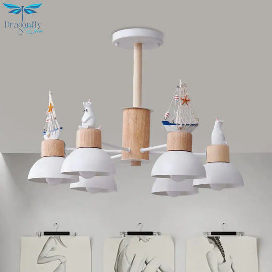 Dome Metallic Chandelier Lighting Cartoon 6 Bulbs Black/White Hanging Ceiling Light With Bear And
