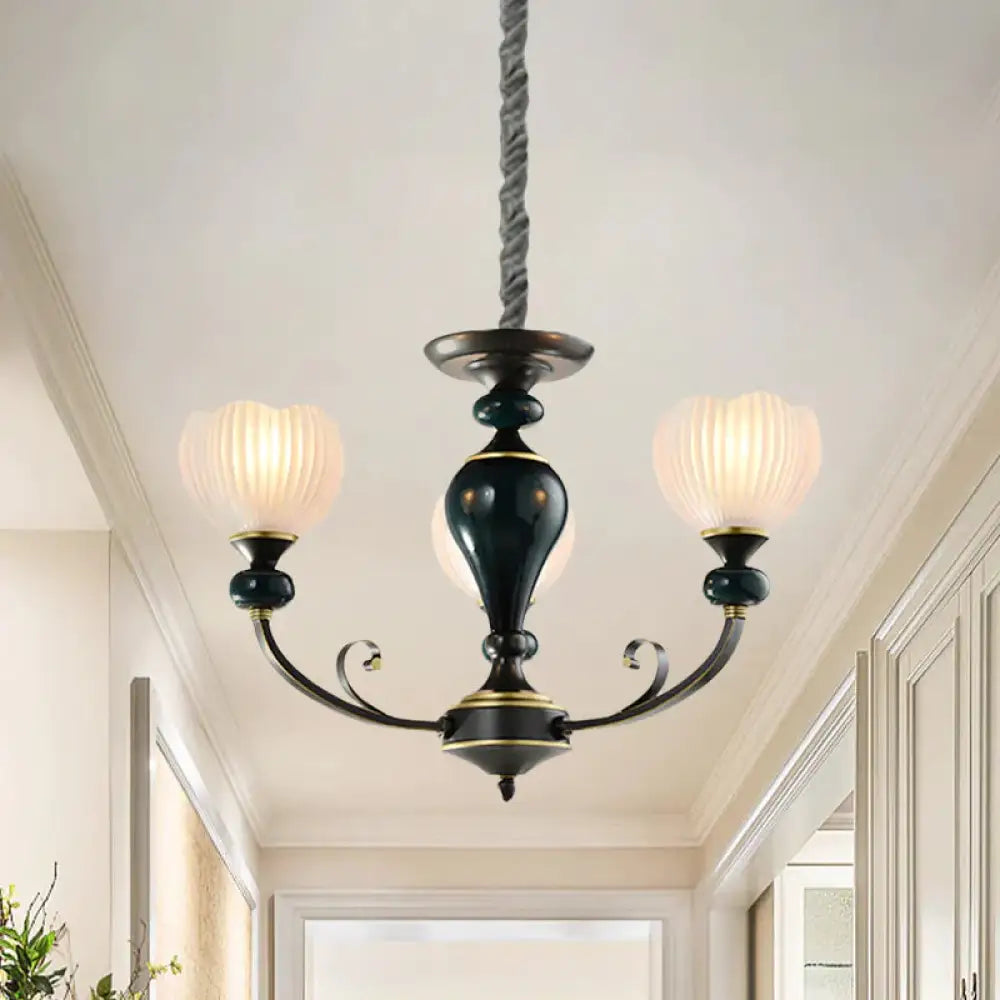 Dome Ribbed Glass Chandelier Traditionalist 3/5 Bulbs Dining Room Down Lighting Pendant In Black 3 /