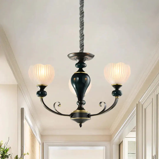 Dome Ribbed Glass Chandelier Traditionalist 3/5 Bulbs Dining Room Down Lighting Pendant In Black 3 /