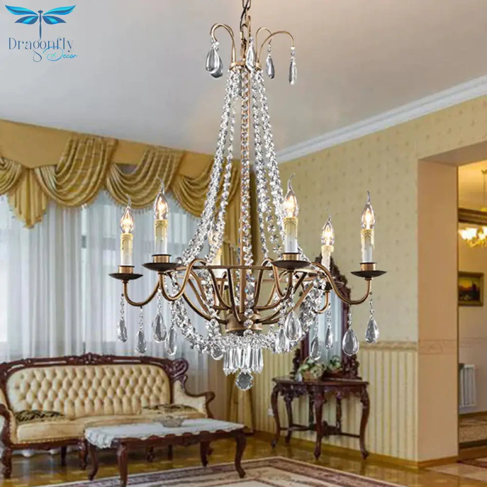 Draping Bead Crystal Chandelier Lighting 6 Lights Corridor Pendant Light Fixture In Brown
