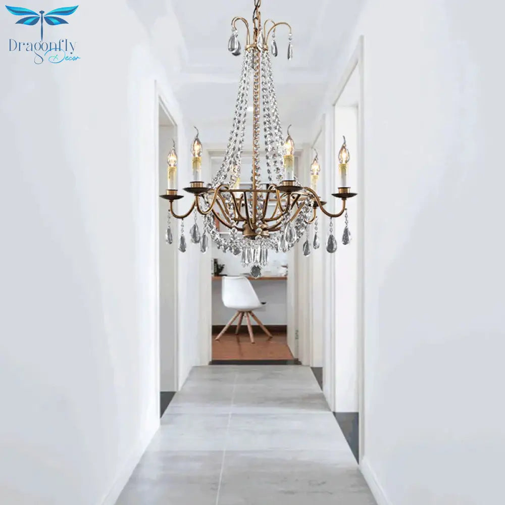 Draping Bead Crystal Chandelier Lighting 6 Lights Corridor Pendant Light Fixture In Brown