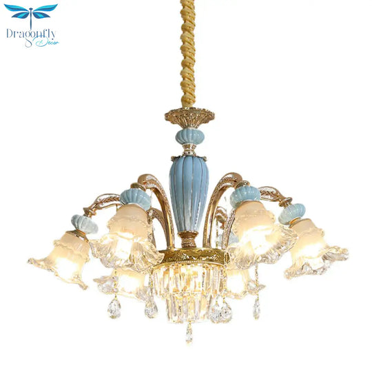 Drooping Flower Frosted Glass Drop Lamp Rustic 6 Heads Bedroom Ceiling Chandelier In Blue