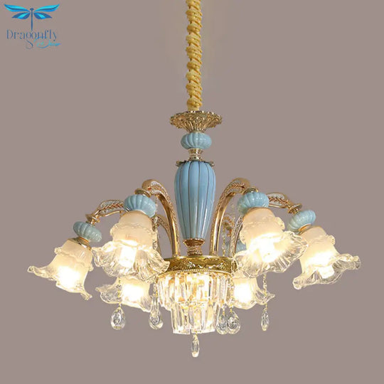 Drooping Flower Frosted Glass Drop Lamp Rustic 6 Heads Bedroom Ceiling Chandelier In Blue