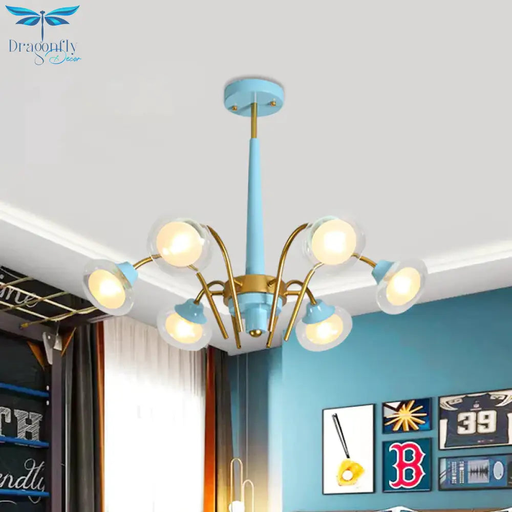 Drooping Hanging Chandelier Macaron Metal 6 Bulbs Kids Bedroom Ceiling Pendant In Pink/Blue With