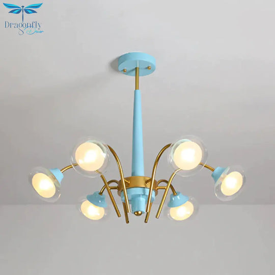 Drooping Hanging Chandelier Macaron Metal 6 Bulbs Kids Bedroom Ceiling Pendant In Pink/Blue With