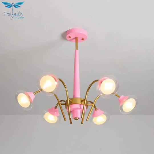 Drooping Hanging Chandelier Macaron Metal 6 Bulbs Kids Bedroom Ceiling Pendant In Pink/Blue With