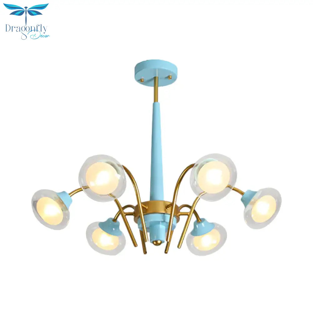 Drooping Hanging Chandelier Macaron Metal 6 Bulbs Kids Bedroom Ceiling Pendant In Pink/Blue With