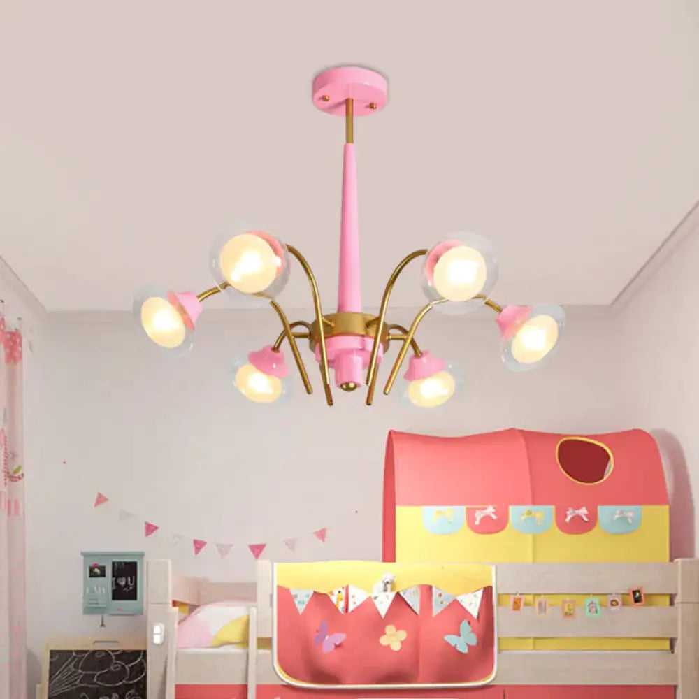 Drooping Hanging Chandelier Macaron Metal 6 Bulbs Kids Bedroom Ceiling Pendant In Pink/Blue With