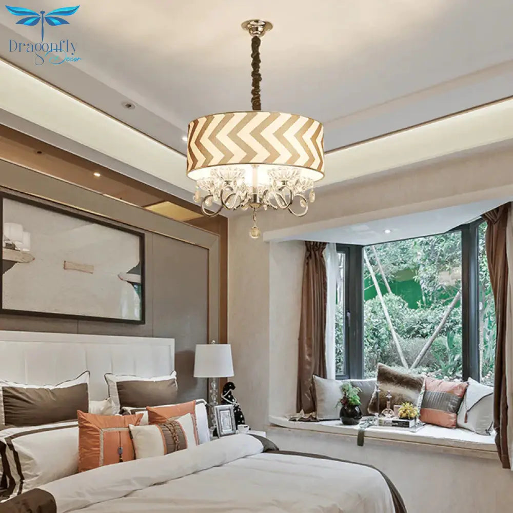 Drum Beige Fabric Chandelier Lamp Traditional 5 Heads Bedroom Hanging Light Fixture With Crystal