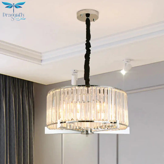 Drum Clear Crystal Block Hanging Lamp Traditional 5/6 Heads Dining Room Chandelier Lighting Fixture