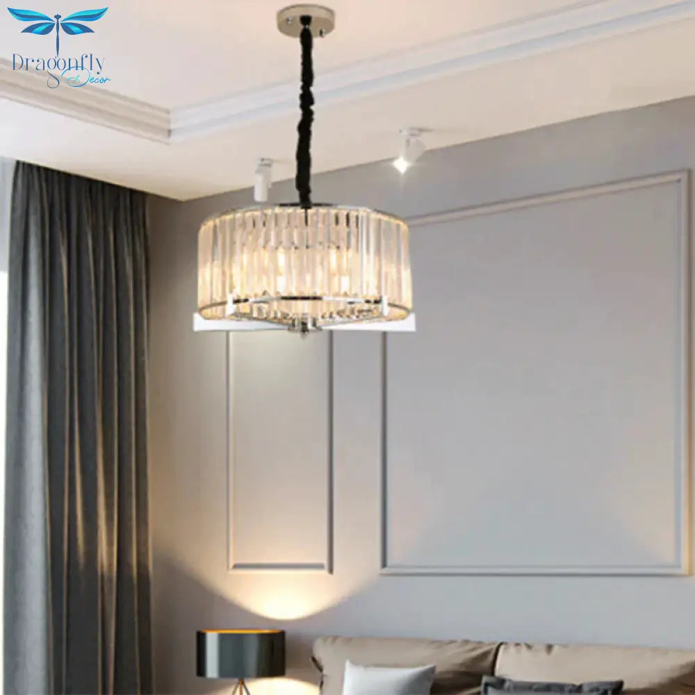 Drum Clear Crystal Block Hanging Lamp Traditional 5/6 Heads Dining Room Chandelier Lighting Fixture