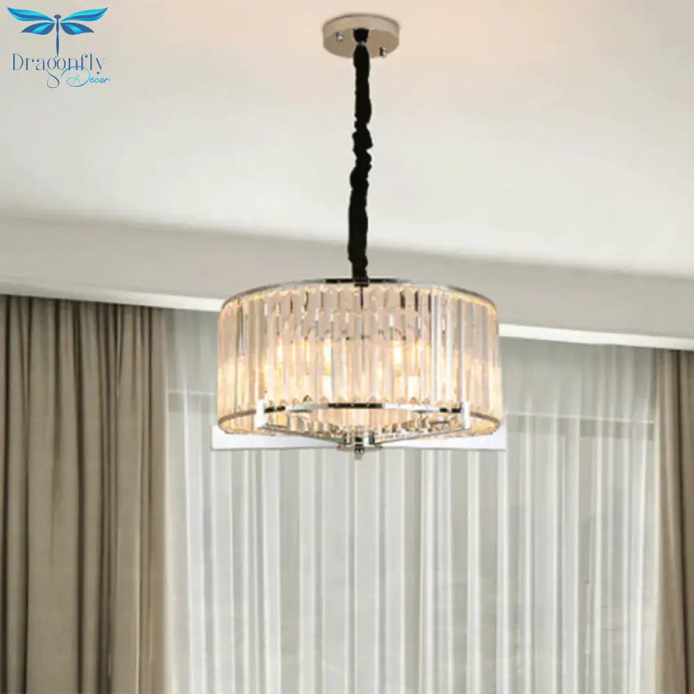 Drum Clear Crystal Block Hanging Lamp Traditional 5/6 Heads Dining Room Chandelier Lighting Fixture