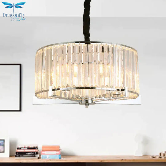 Drum Clear Crystal Block Hanging Lamp Traditional 5/6 Heads Dining Room Chandelier Lighting Fixture