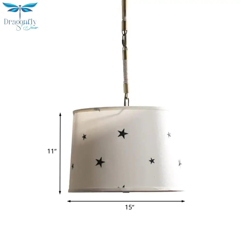 Drum Fabric Chandelier Light Fixture Kids 5 Bulbs Beige Suspension Lighting With Star Pattern For