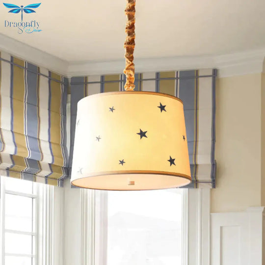 Drum Fabric Chandelier Light Fixture Kids 5 Bulbs Beige Suspension Lighting With Star Pattern For