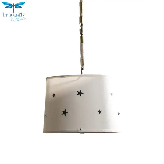 Drum Fabric Chandelier Light Fixture Kids 5 Bulbs Beige Suspension Lighting With Star Pattern For