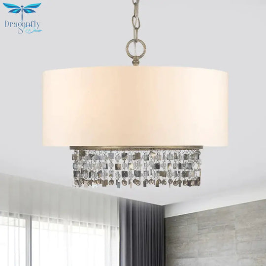 Drum Fabric Chandelier Light Traditional 5 - Bulb Living Room Hanging Lamp In White With Crystal