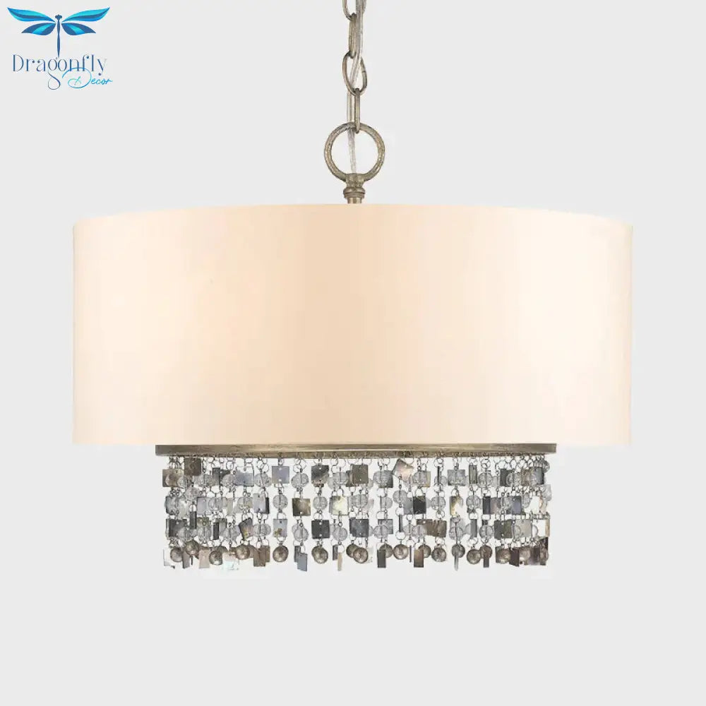 Drum Fabric Chandelier Light Traditional 5 - Bulb Living Room Hanging Lamp In White With Crystal