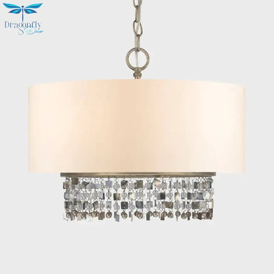 Drum Fabric Chandelier Light Traditional 5 - Bulb Living Room Hanging Lamp In White With Crystal