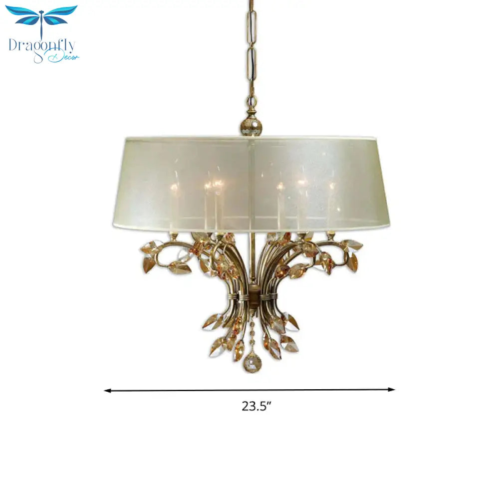Drum Fabric Suspension Lamp Contemporary 6 Heads Living Room Chandelier Light Fixture In Brass