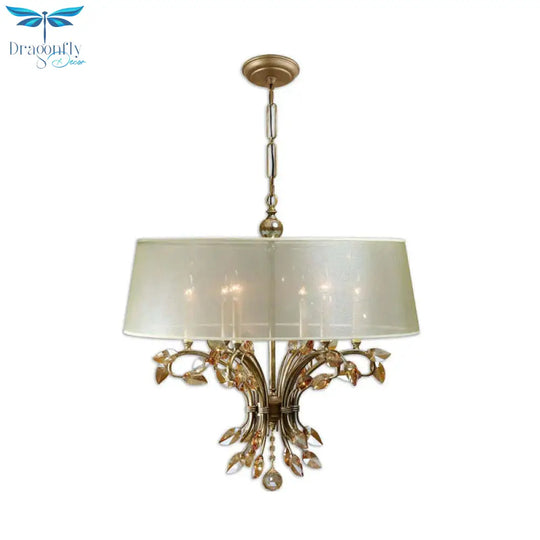 Drum Fabric Suspension Lamp Contemporary 6 Heads Living Room Chandelier Light Fixture In Brass