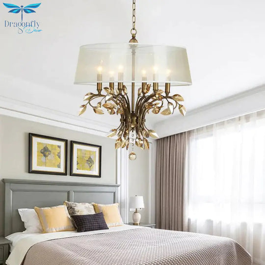 Drum Fabric Suspension Lamp Contemporary 6 Heads Living Room Chandelier Light Fixture In Brass