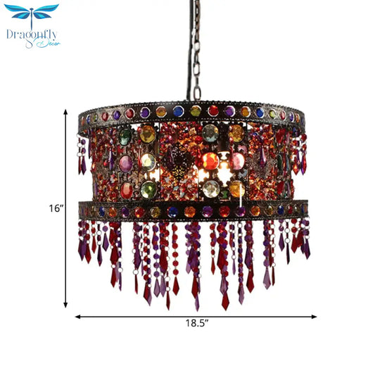 Drum Living Room Ceiling Chandelier Bohemian Metal 3 Lights Bronze Hanging Lamp Kit With Crystal