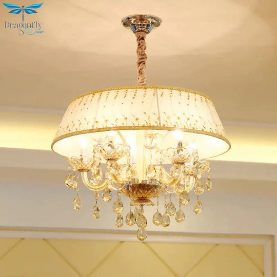 Drum Living Room Chandelier Light Contemporary Fabric 4 Heads Beige Hanging Lamp With Crystal Drop