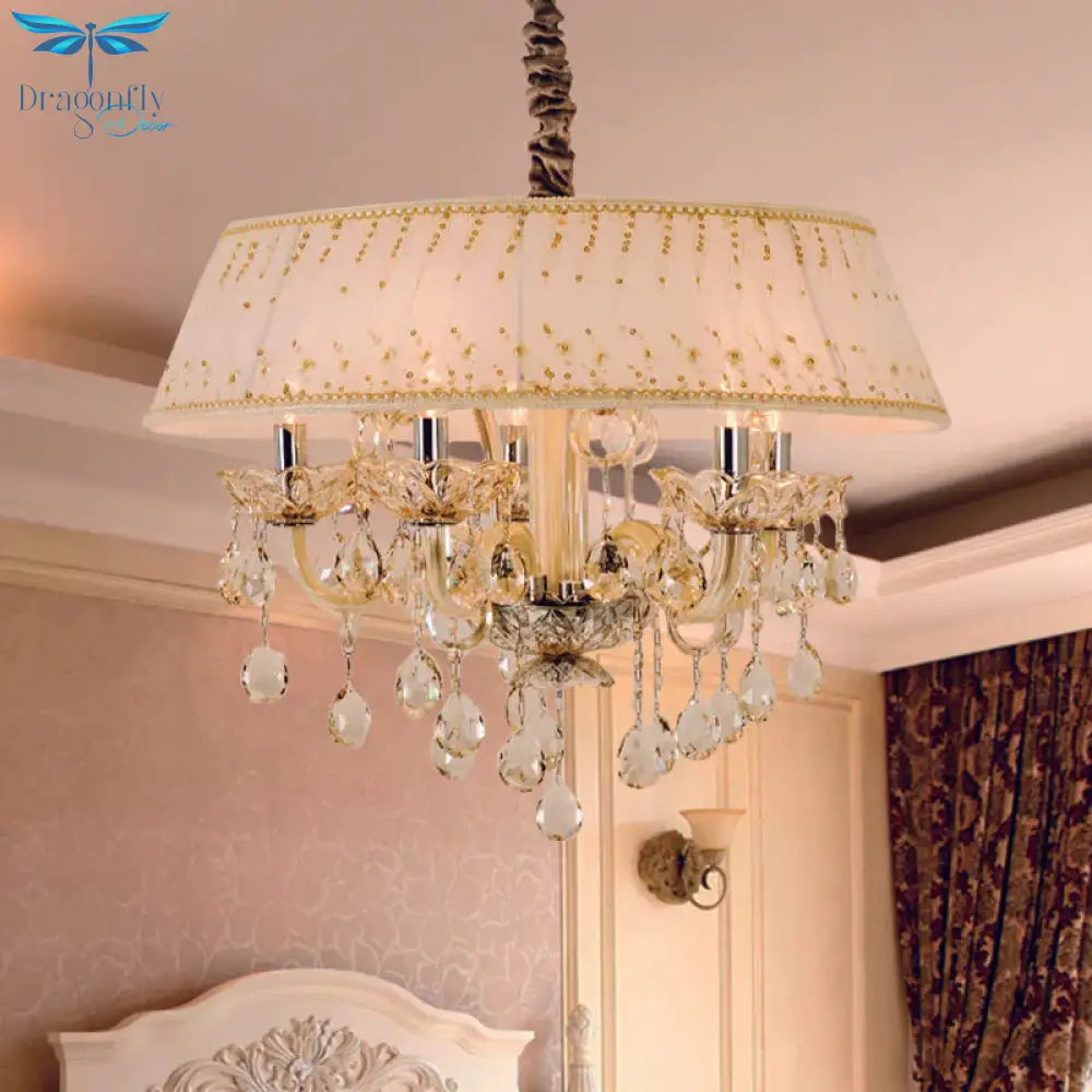 Drum Living Room Chandelier Light Contemporary Fabric 4 Heads Beige Hanging Lamp With Crystal Drop