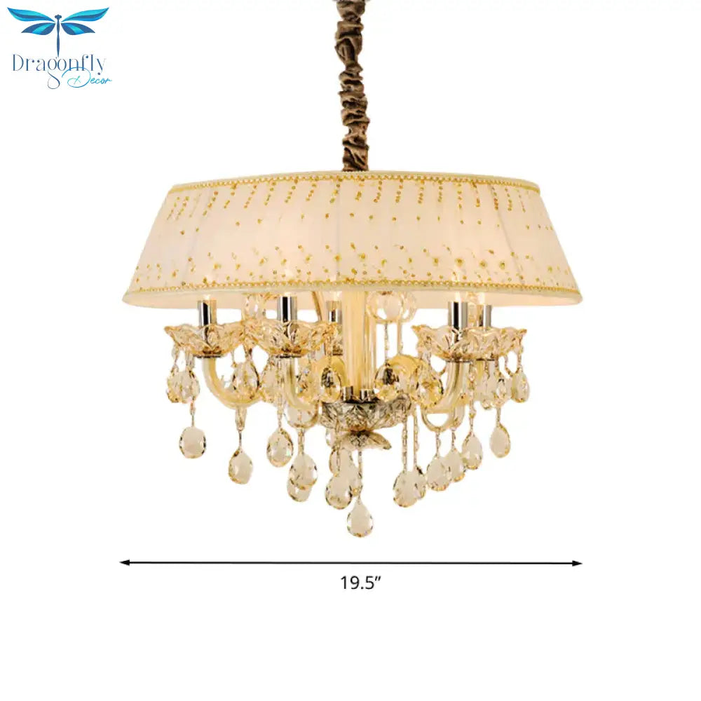 Drum Living Room Chandelier Light Contemporary Fabric 4 Heads Beige Hanging Lamp With Crystal Drop