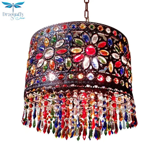 Drum Metallic Suspension Lamp Bohemian 3 Heads Living Room Chandelier Light With Crystal Deco In Red