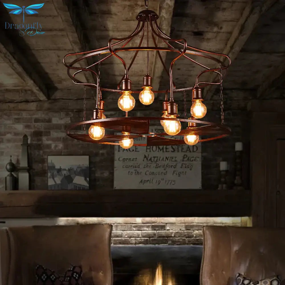 Drum Restaurant Pendant Light Metal Nine Lights Antique Stylish Chandelier In Rust