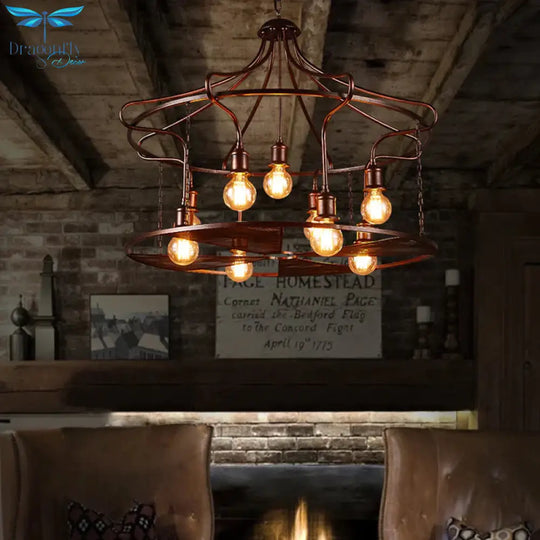 Drum Restaurant Pendant Light Metal Nine Lights Antique Stylish Chandelier In Rust
