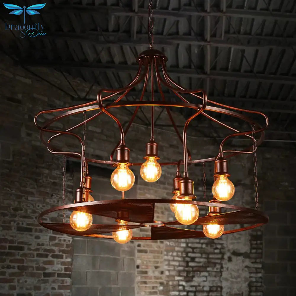 Drum Restaurant Pendant Light Metal Nine Lights Antique Stylish Chandelier In Rust Bronze