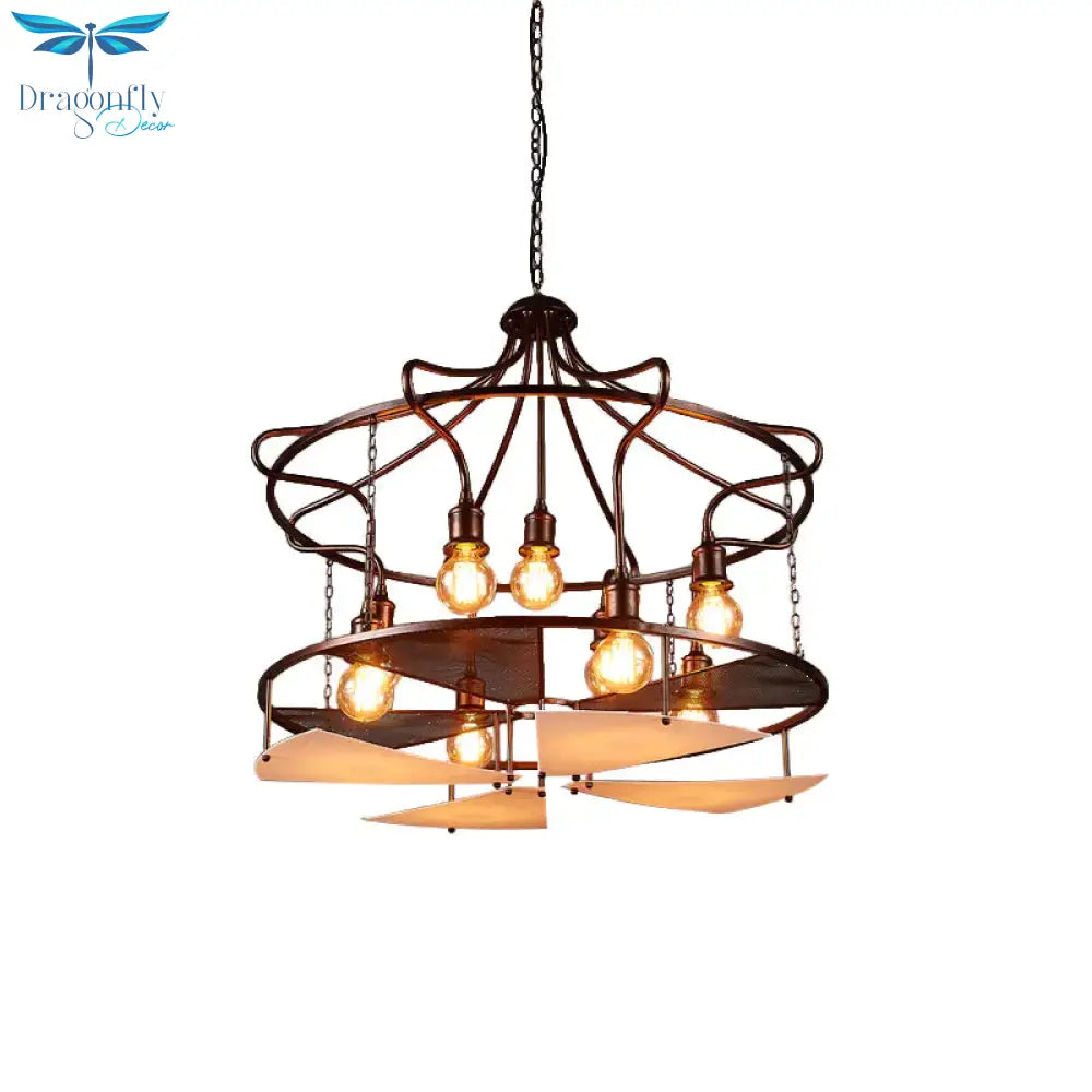 Drum Restaurant Pendant Light Metal Nine Lights Antique Stylish Chandelier In Rust