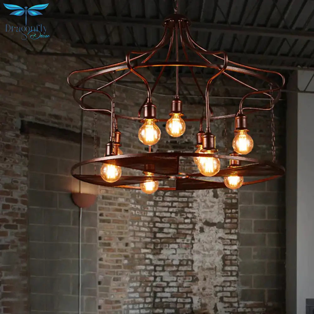Drum Restaurant Pendant Light Metal Nine Lights Antique Stylish Chandelier In Rust