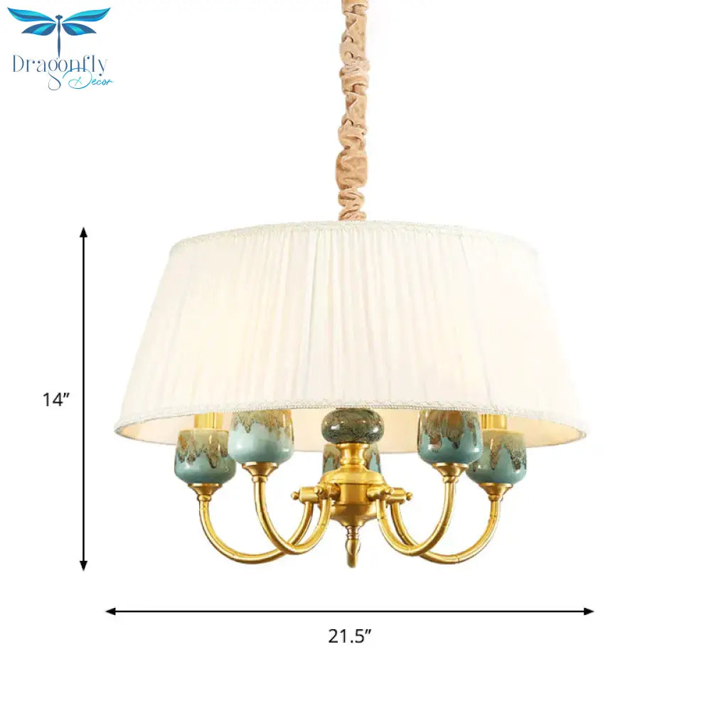 Drum Shade Fabric Hanging Lamp Rural Style 5 Lights Dining Room Chandelier Pendant Light In White
