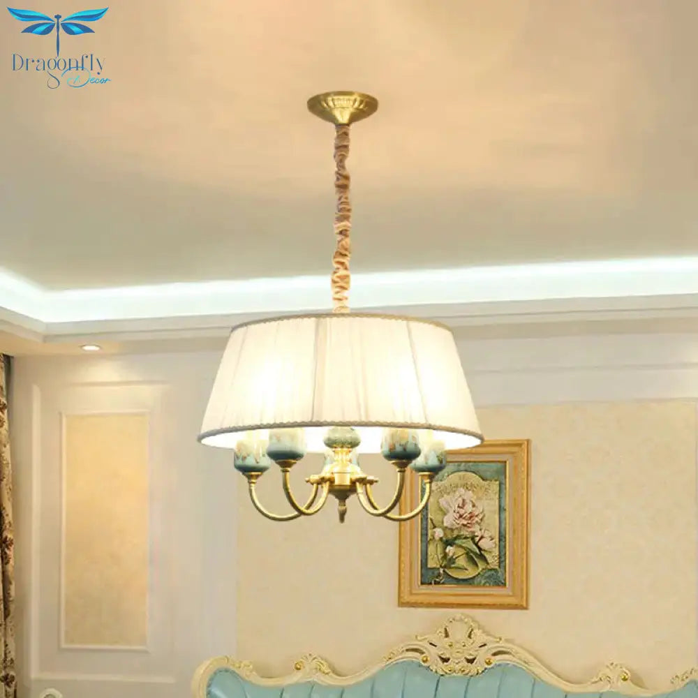 Drum Shade Fabric Hanging Lamp Rural Style 5 Lights Dining Room Chandelier Pendant Light In White