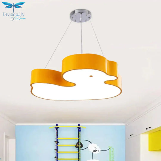 Duck Chandelier Pendant Light Cartoon Acrylic Led Bedroom Hanging Lamp Kit In Green/Red/Yellow