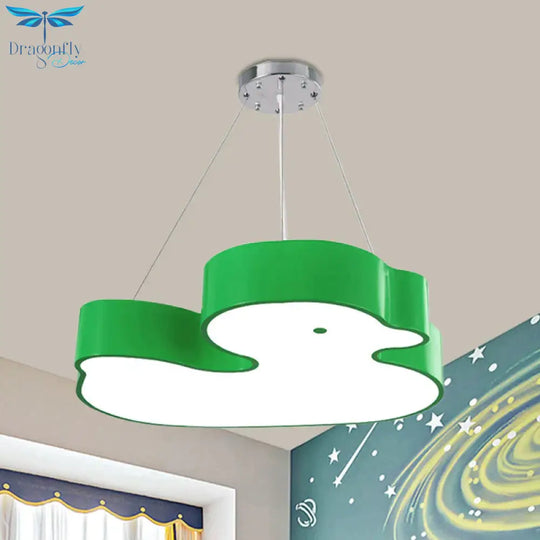 Duck Chandelier Pendant Light Cartoon Acrylic Led Bedroom Hanging Lamp Kit In Green/Red/Yellow