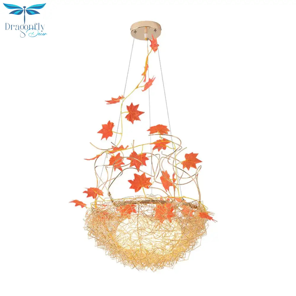 Egg - Like Chandelier Rustic 3 Lights Milk White Glass Hanging Ceiling Pendant With Gold Nest And