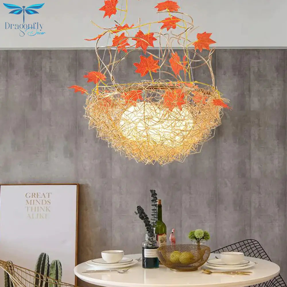 Egg - Like Chandelier Rustic 3 Lights Milk White Glass Hanging Ceiling Pendant With Gold Nest And