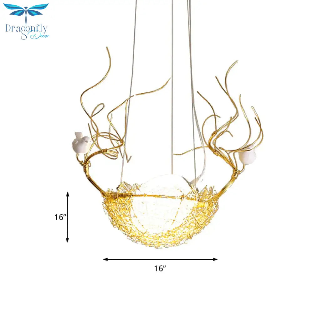 Egg Shaped Hanging Ceiling Pendant Art Deco Milk White Glass 1 Light Gold Chandelier With Birds And