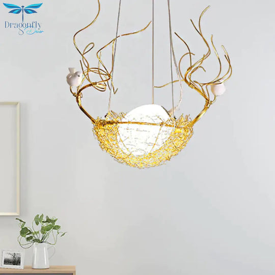 Egg Shaped Hanging Ceiling Pendant Art Deco Milk White Glass 1 Light Gold Chandelier With Birds And