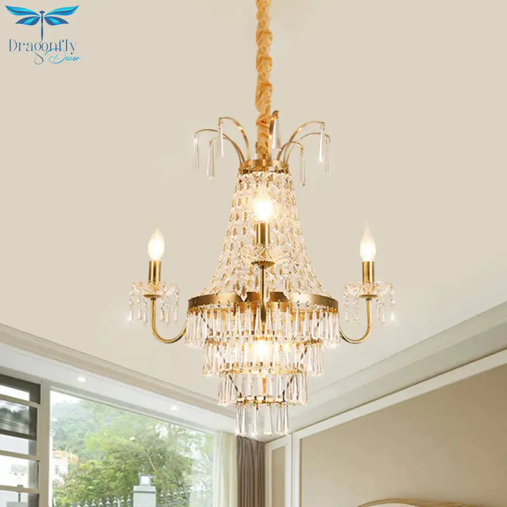 Empire Chandelier Light Fixture With Candle Luxury Crystal 4 Heads Pendant In Brass Finish