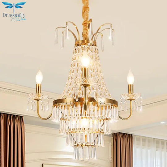 Empire Chandelier Light Fixture With Candle Luxury Crystal 4 Heads Pendant In Brass Finish