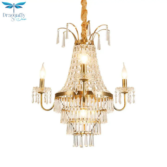 Empire Chandelier Light Fixture With Candle Luxury Crystal 4 Heads Pendant In Brass Finish