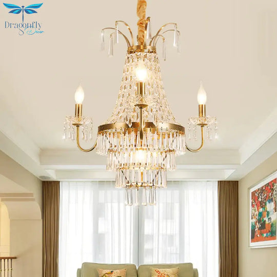 Empire Chandelier Light Fixture With Candle Luxury Crystal 4 Heads Pendant In Brass Finish